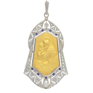 Vintage 1910 s medal 18K gold pendant set with diamonds sapphires and pearl St. Anthony of Padua depicted holding the Child Jesus